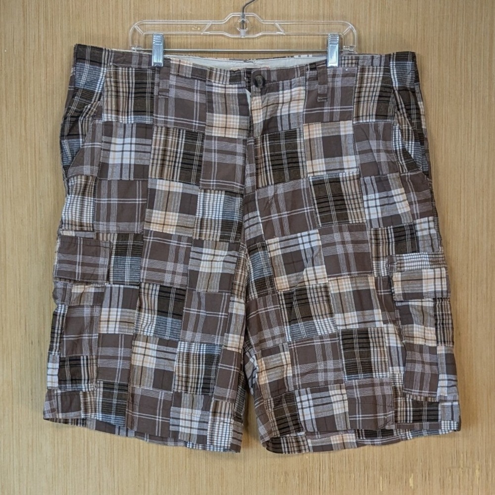 Plugg Mens Y2K Patchwork Plaid Cargo Shorts 42 Brown Tan White Cotton Baggy